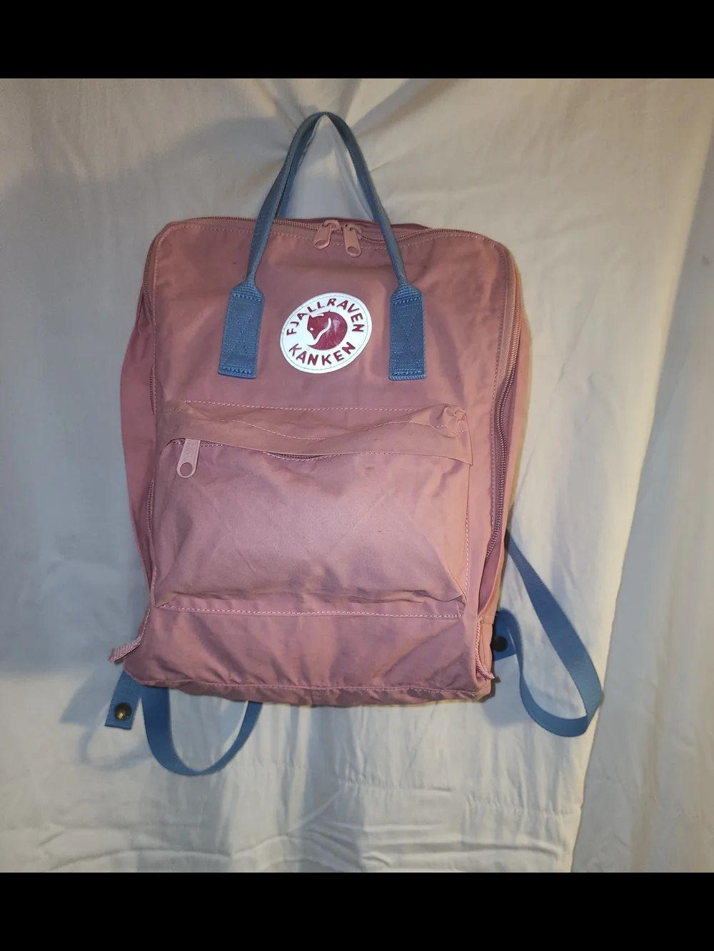 Fjallraven Kanken Rose Pink Backpack with Blue Straps
